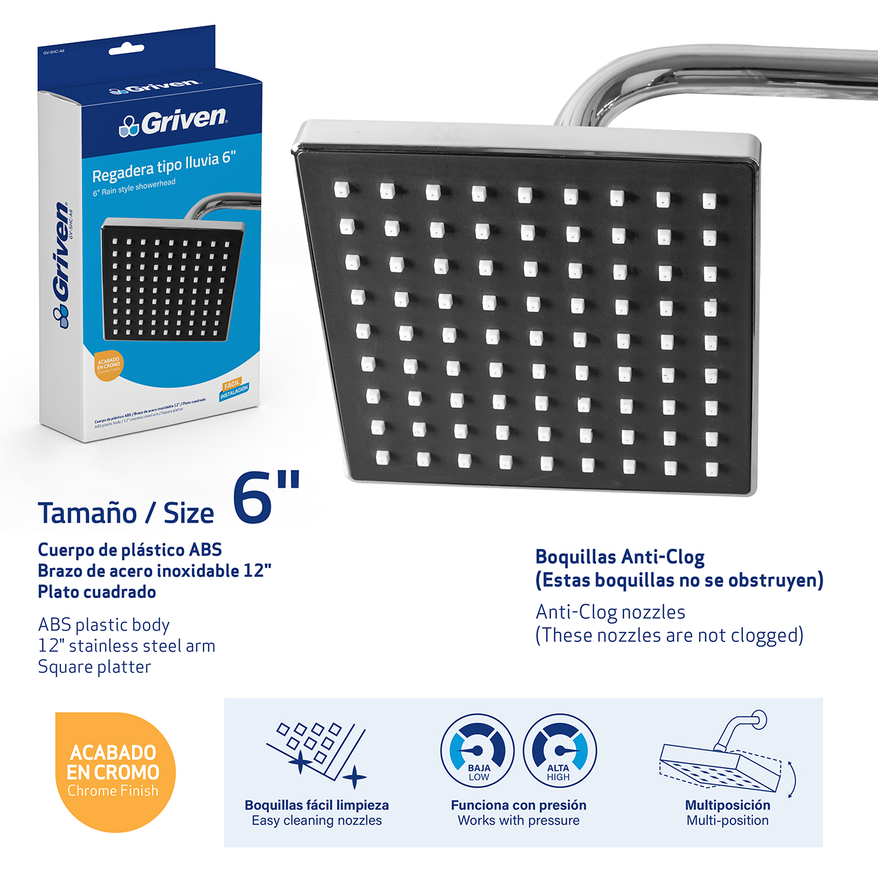 Griven 6 in. Rain Style Shower Head [GV-SHC-A6]