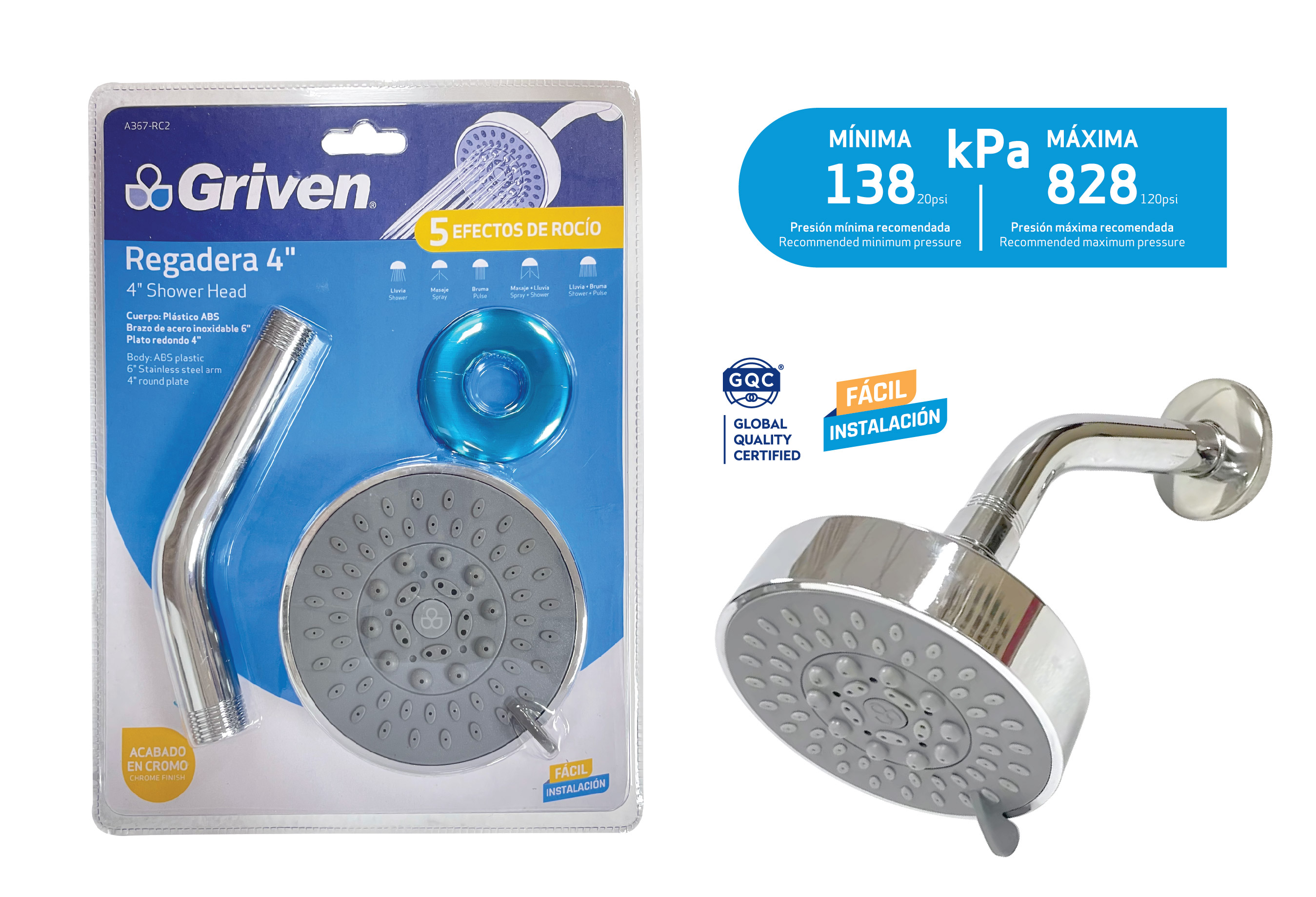Griven 4 in. 5 Function Chrome Plated Shower Head [A367-RC2]