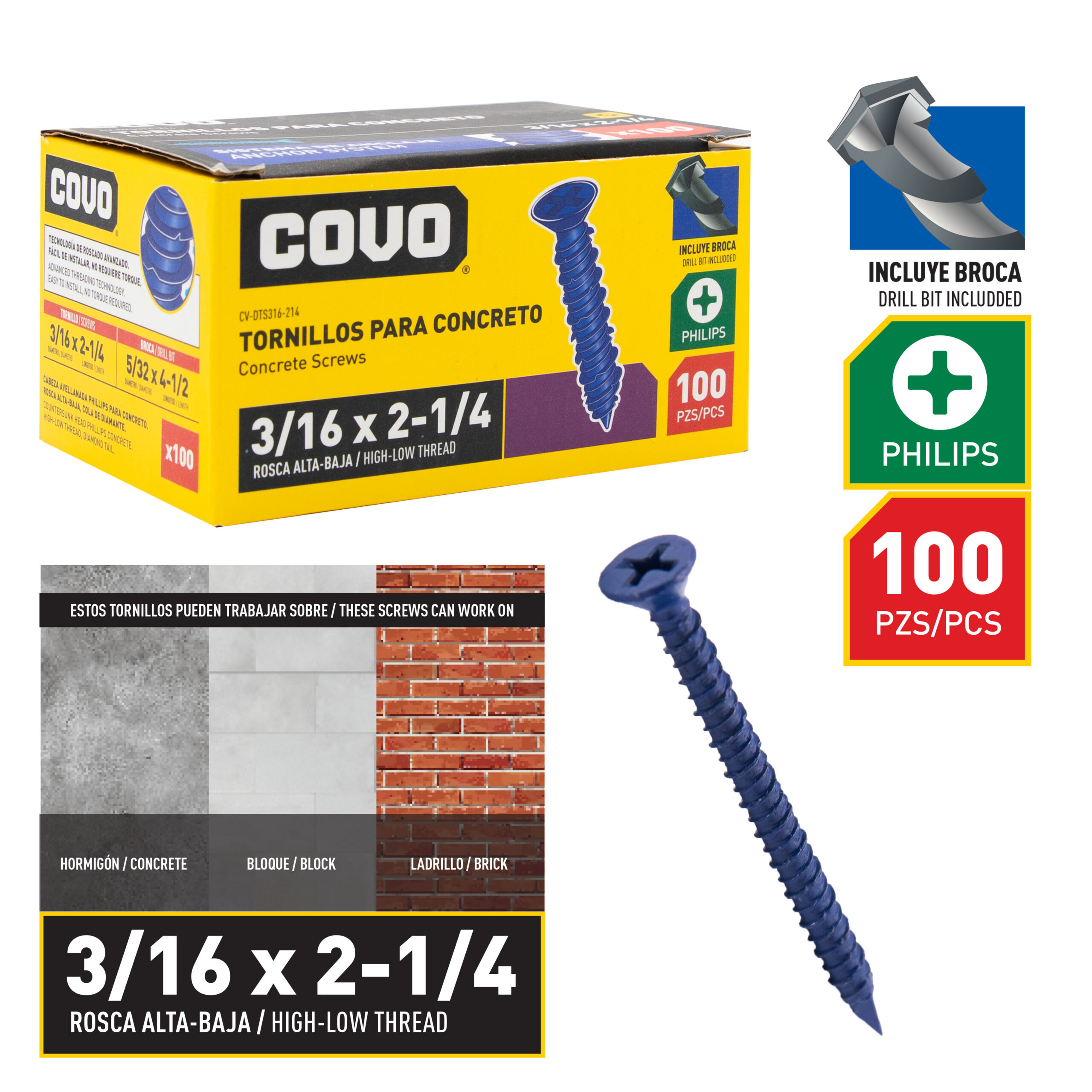 COVO 3/16 in. x 2-1/4 in. Phillips Head Concrete Screw