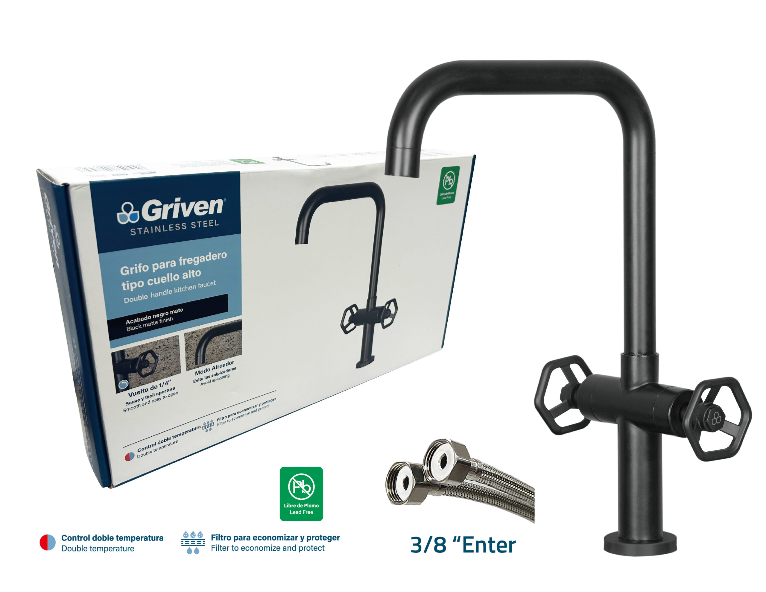 Griven Double Handle Matte Black Kitchen Faucet [GVS-KF-1B-3-8]
