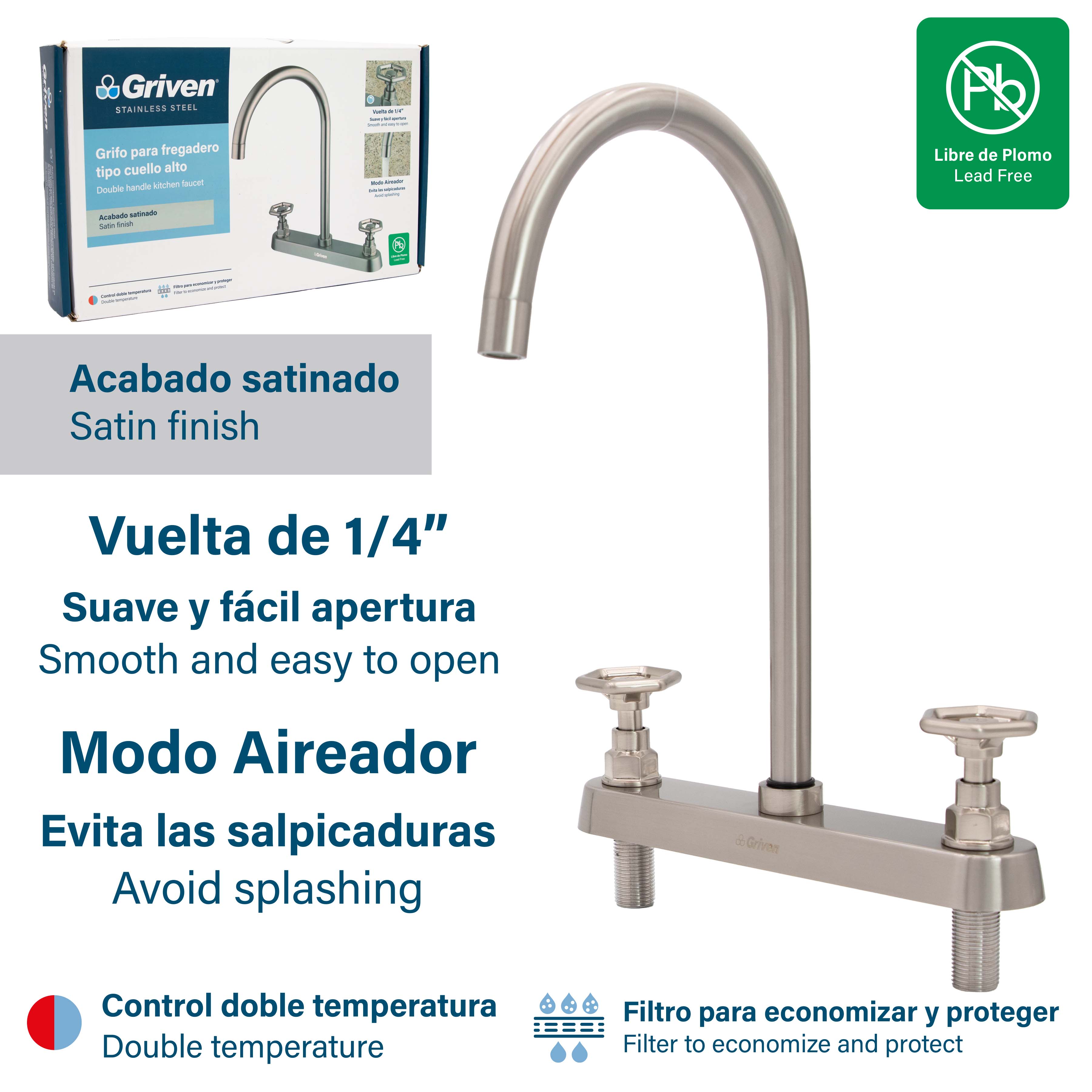Griven Double Handle Satin Finish Kitchen Faucet [GVS-SSF-2B]