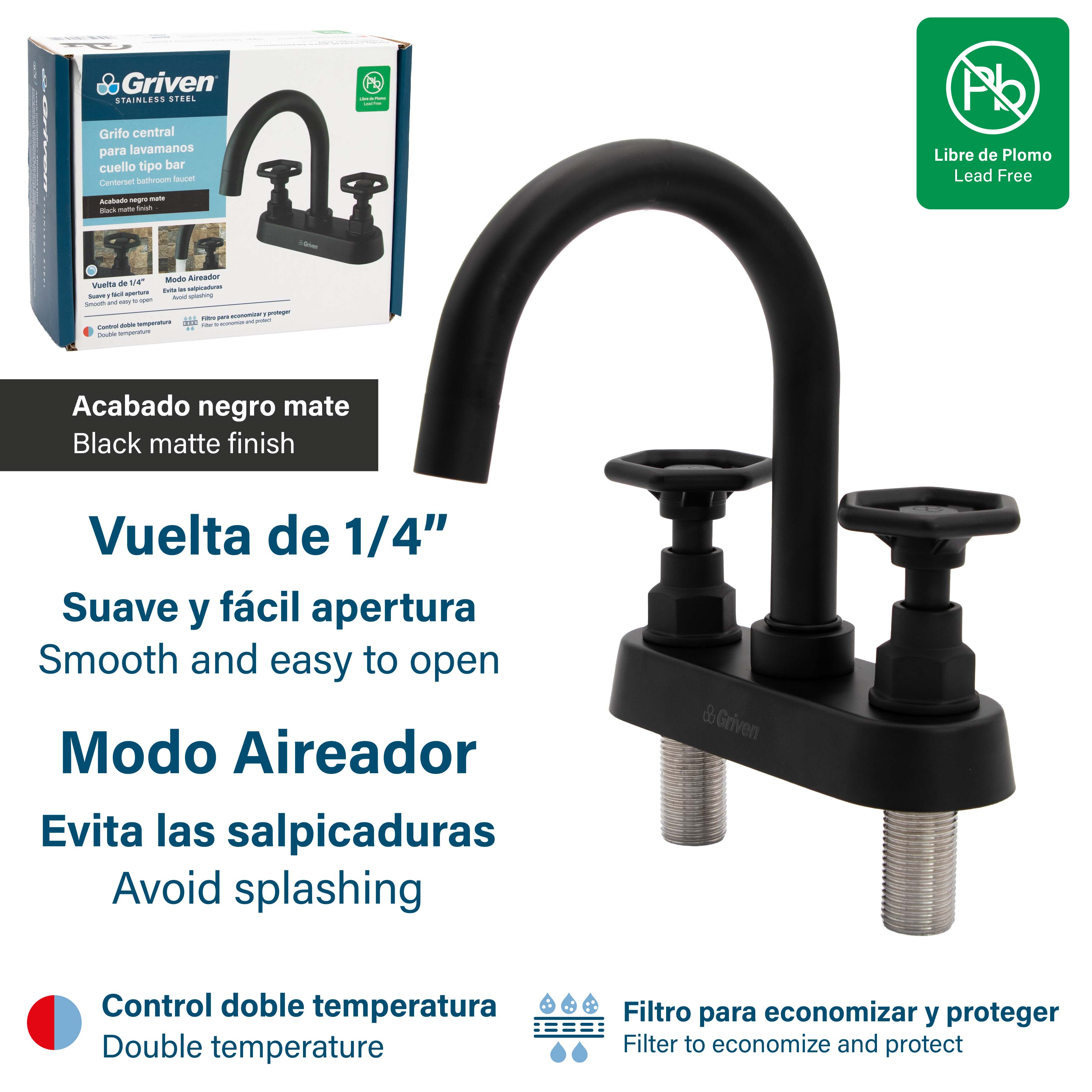 Griven Matte Black Double Handle Centreset Bathroom Basin Mixer [GVS-SBF-2]