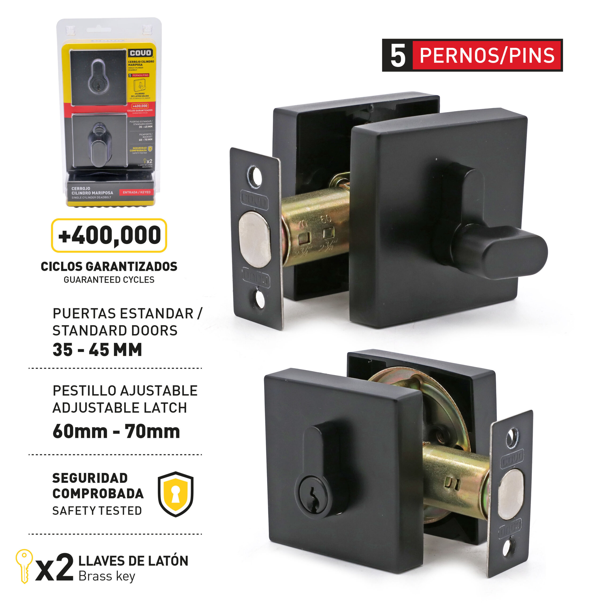COVO Matte Black Single Cylinder Dead Bolt Door Lock [CV-SDSQ-MB]