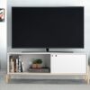 BRV White TV Stand With Oak Feet And Sliding Door [BR 52-157]
