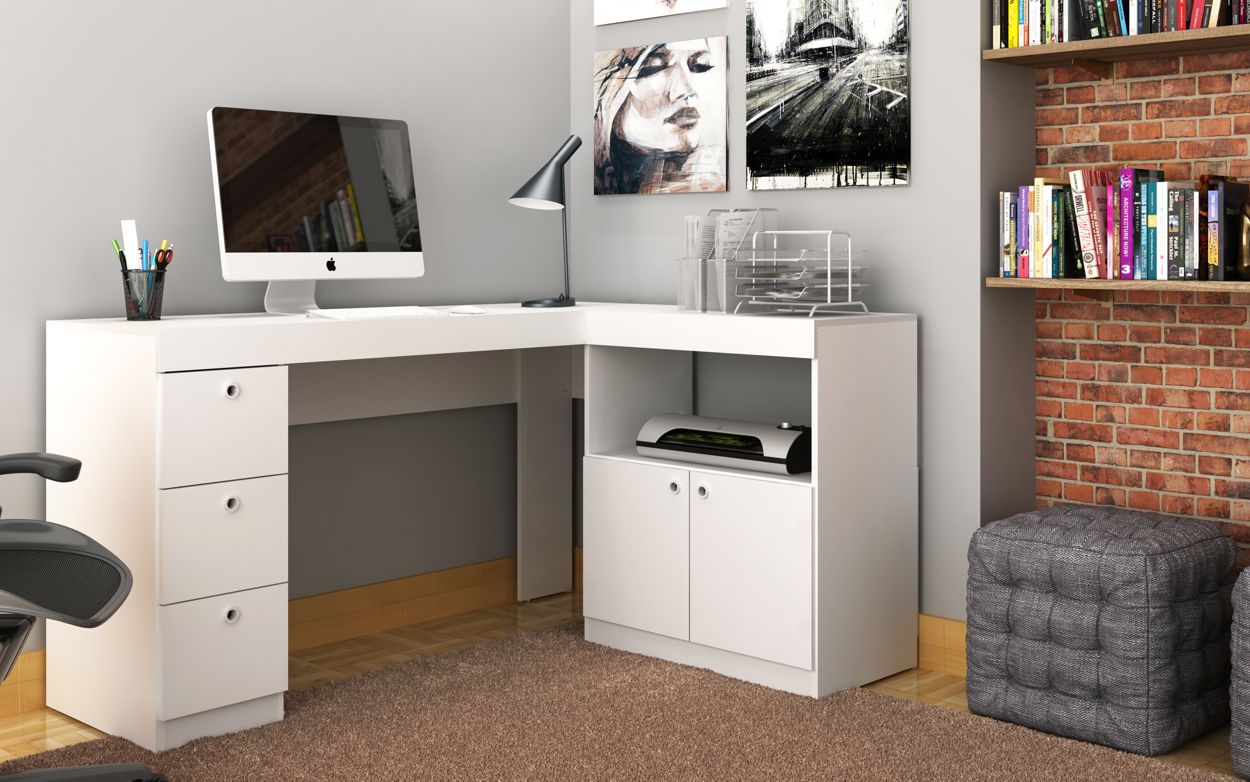 BRV White L-Shaped Computer Desk With 3 Drawer & 2 Cabinets [BC 74-06]