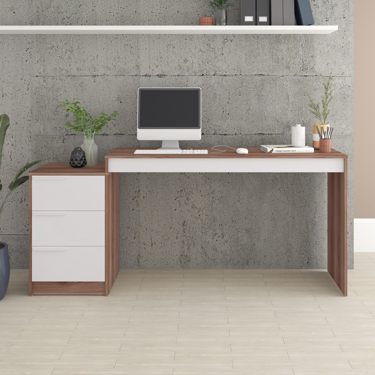 BRV Nut Brown Computer Desk With 3 White Drawers & Staggered Desktop [BC 98-192]