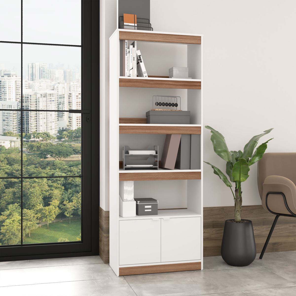 BRV White & Nut Brown Shelving Unit With 4 Shelves & 2 Door Cabinet [BE 77-192]