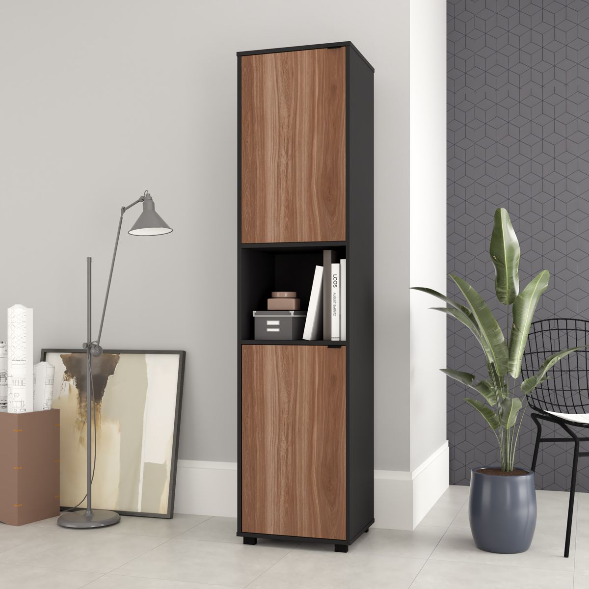 BRV Black Shelving Unit With 2 Cabinets & 1 Shelf [BE 78-226]