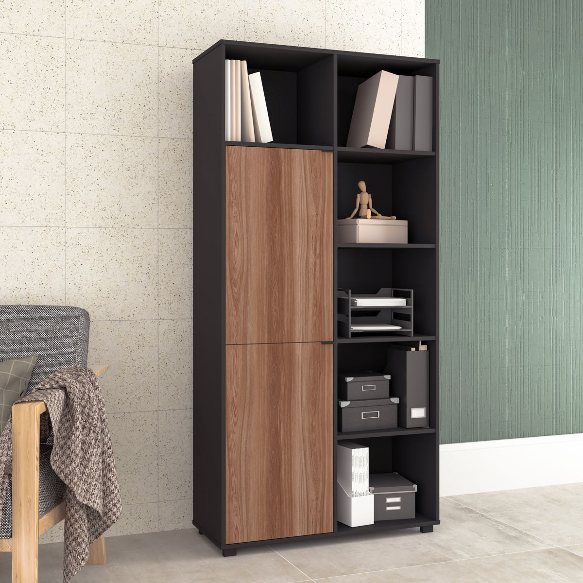 BRV Black Shelving Unit With 2 Cabinets & 6 Shelves [BE 79-226]