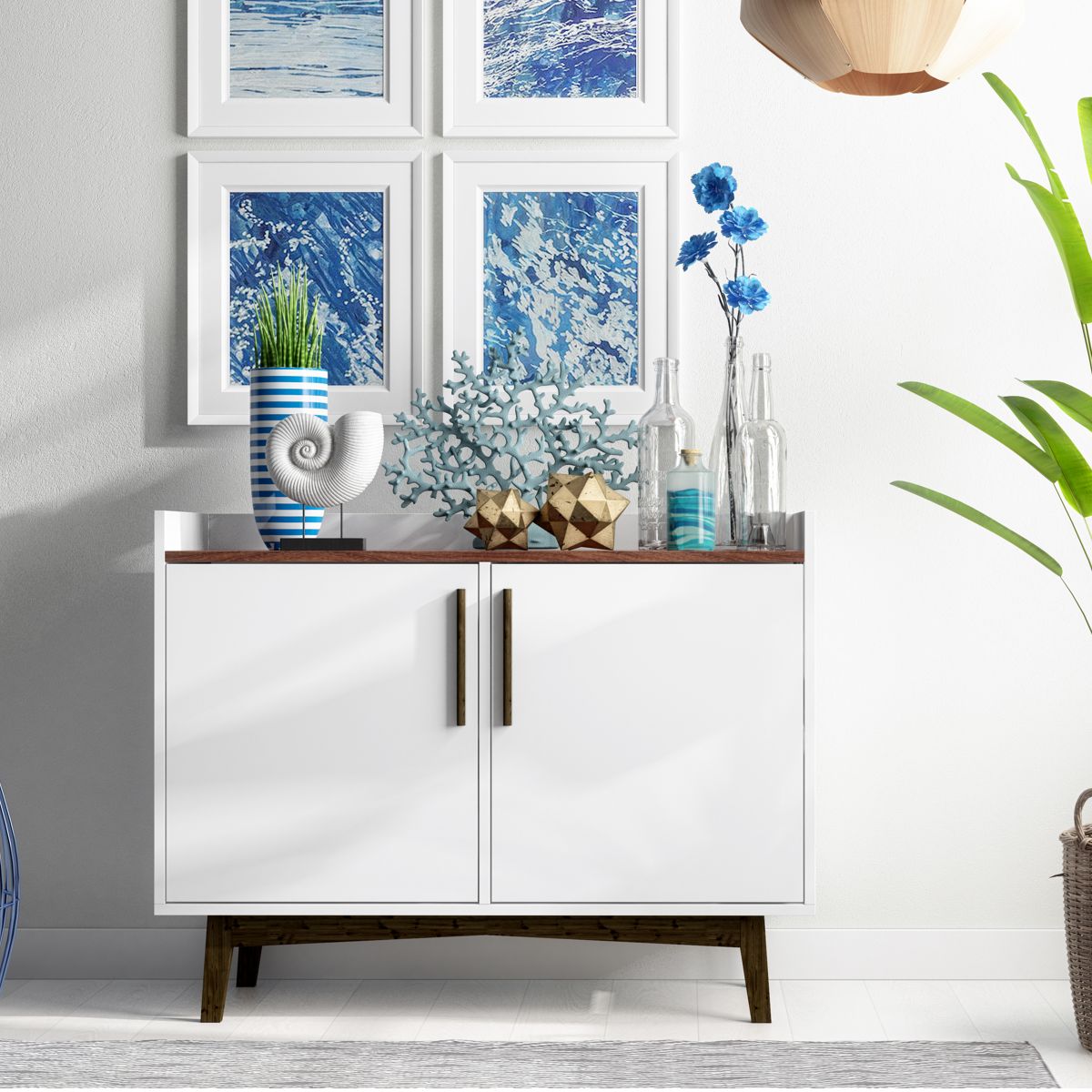 BRV White Sideboard With 2 Door Cabinet, Display Surface & Brown Accents [BPI 101-209]