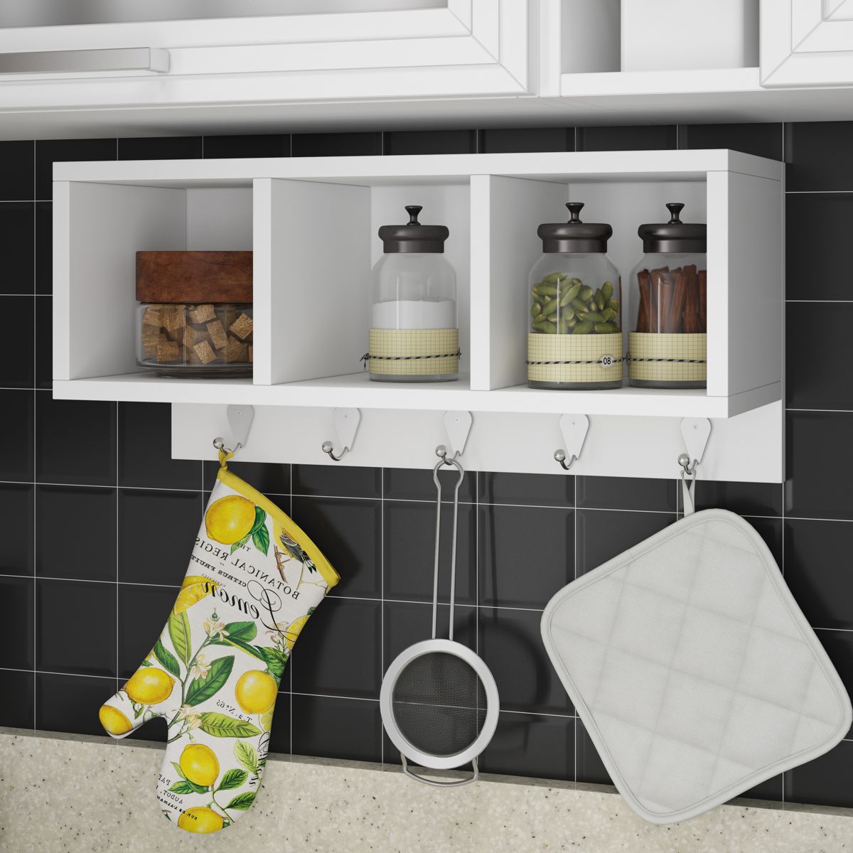 BRV Floating White Kitchen Shelving Unit With 3 Shelves & 5 Hooks [BPL 26-06]