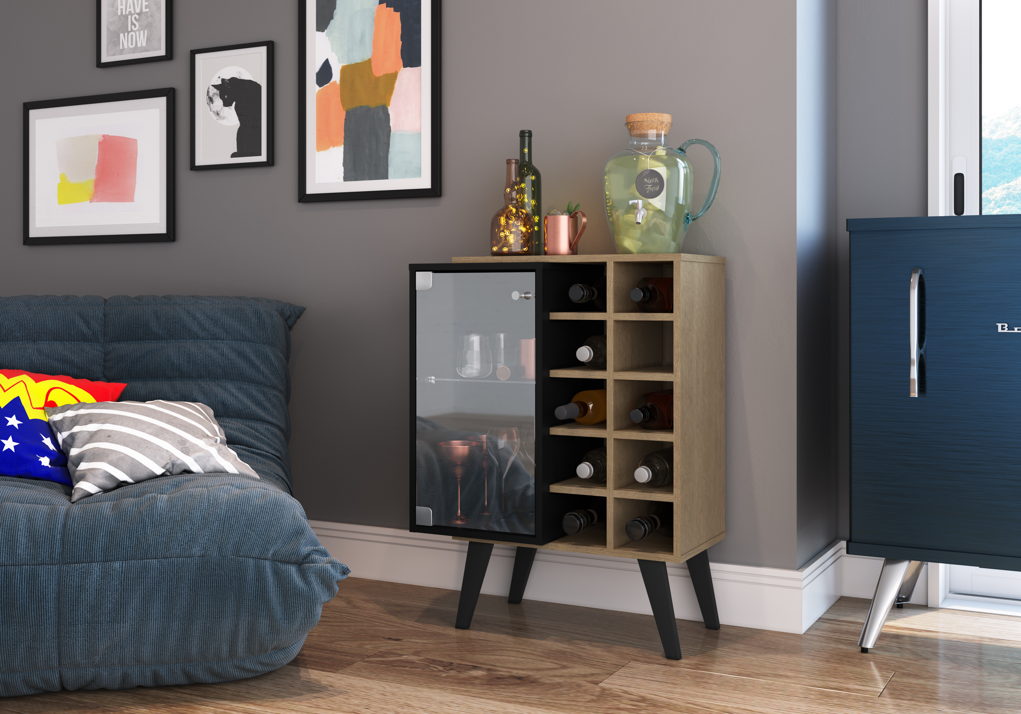 GenialFlex Capri Matte Nut Brown & Black Bar Storage Unit with 1 Glass Door Cabinet [0816B.0002]