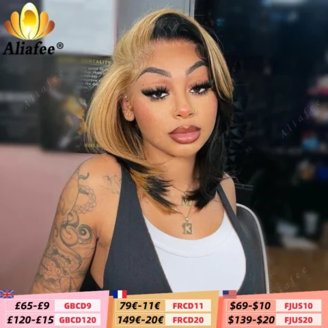 1B With Honey Blonde Short Bob Wigs 200% Density Full 13X4 Lace Frontal Wig Human Hair Straight Bob Wig Human Hair for Women