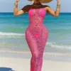 Sexy Summer Beach Crochet Knitted Bodycon Dress Solid Color Hollow Out Neck-mounted Backless Maxi Vestidos Vacation Outfits 2024