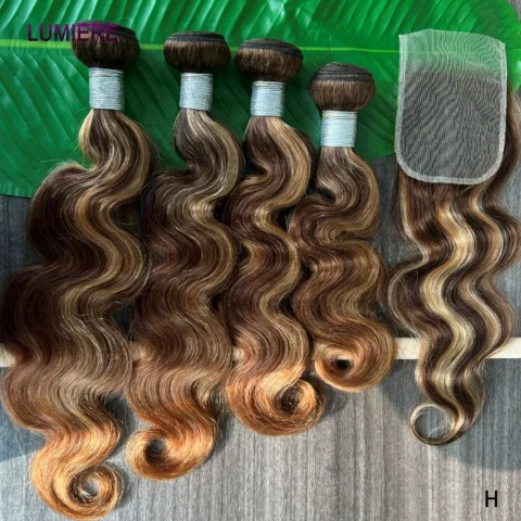 P4/27 Highlight Ombre Honey Brown Colored 8-40Inch Body Wave  100% Virgin Raw Human Hair Bundles With Lace Closure Frontal HD Transparent Hair Bundle Double Weft Wholesale 18A Top Quality Afro Kinky Deep Curly Bundle With Closure Frontal HD Transparent
