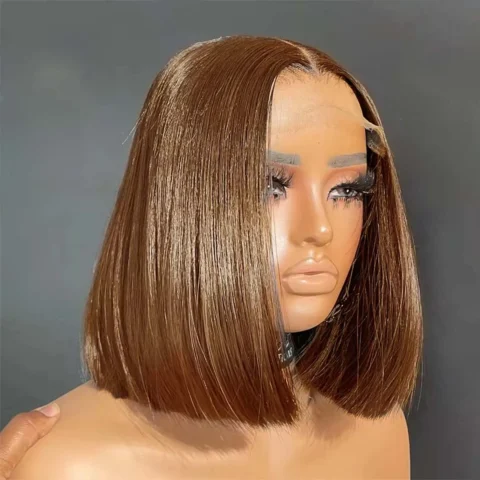 Short 13×4 Lace Front Wig Bob Human Hair Chocolate Brown Straight 200% Density HD Transparent 4×4 Lace Closure Wigs #4 Bob Hair