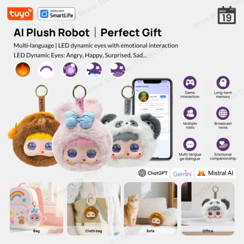 Tuya Smart  AI Plush Robot w/LED Eyes & Voice Control,Interactive Smart Toy USB Rechargeable Companion for Kids Gifts/Smart Home