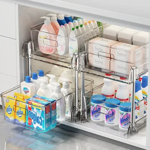 Under Sink Organizer 2-Tier Sliding Pull Out Cabinet Organizer Baskets Cabinet Countertop Sundry Storage Holders Rack Shelf
