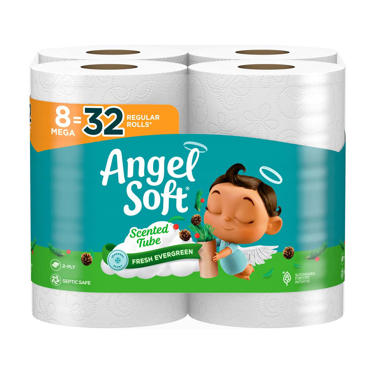 Angel Soft Toilet Paper Mega Rolls, Fresh Evergreen Scented Tube, 8 ct