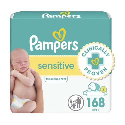 Pampers Sensitive Baby Wipes, Clinically Proven, Water Based, Hypoallergenic and Unscented Baby Wipes, 168 Baby Wipes Total (2X Flip-Top Packs)