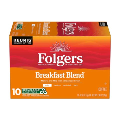 Folgers Breakfast Blend Coffee, Mild Roast, Keurig K-Cup Pods – 10 ct