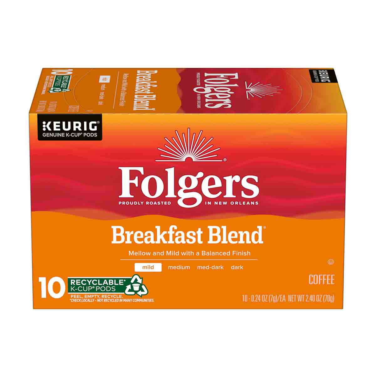 Folgers Breakfast Blend Coffee, Mild Roast, Keurig K-Cup Pods - 10 ct