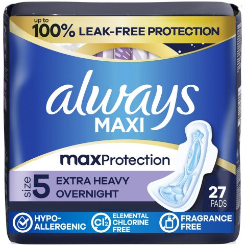 Always Maxi Overnight Pads with Wings for Women, Size 5, Extra Heavy Overnight Absorbency, Unscented, 27 Count