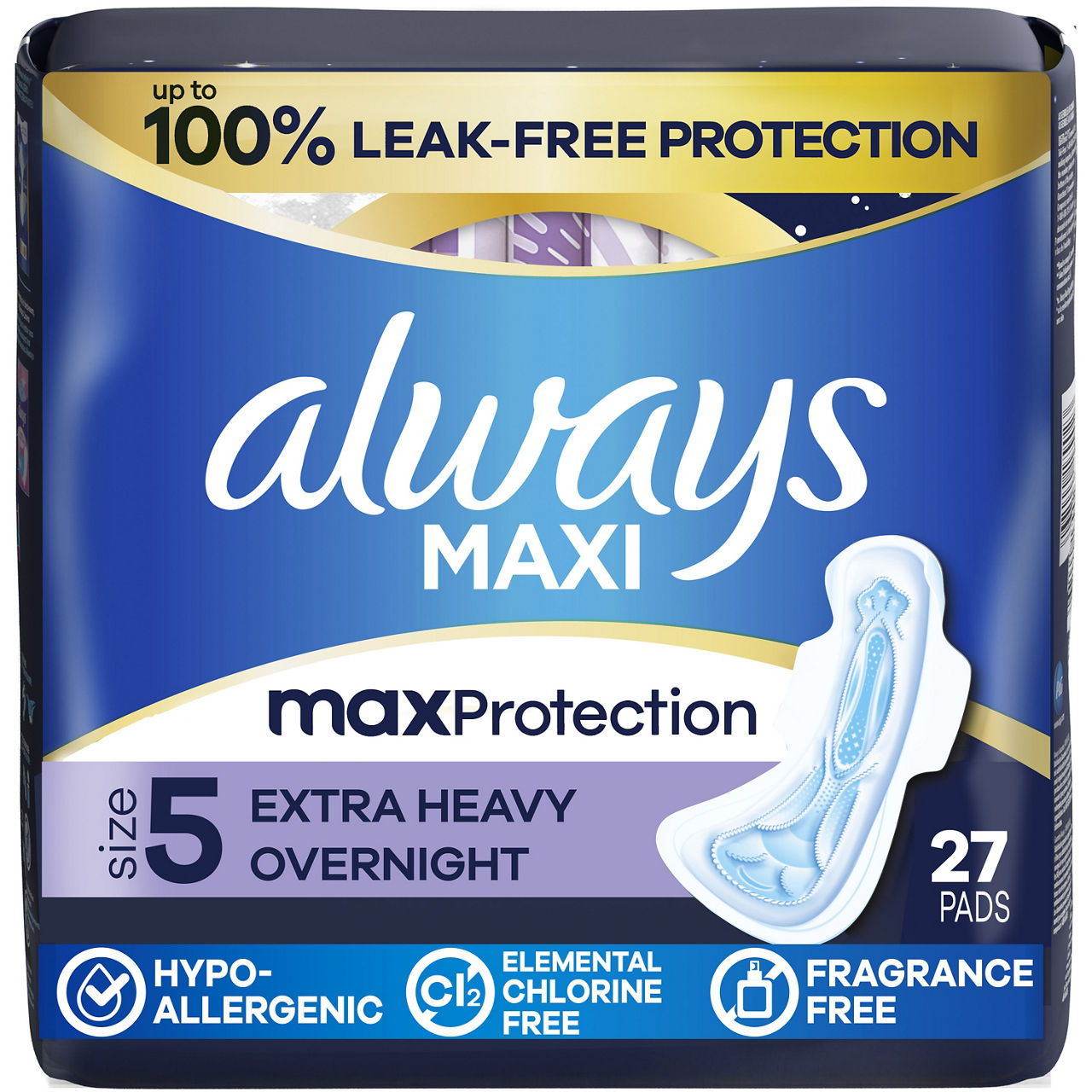Always Maxi Overnight Pads with Wings for Women, Size 5, Extra Heavy Overnight Absorbency, Unscented, 27 Count