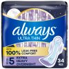 Always Ultra Thin Feminine Pads with Wings for Women, Size 5, Extra Heavy Overnight Absorbency, Unscented, 34 Count