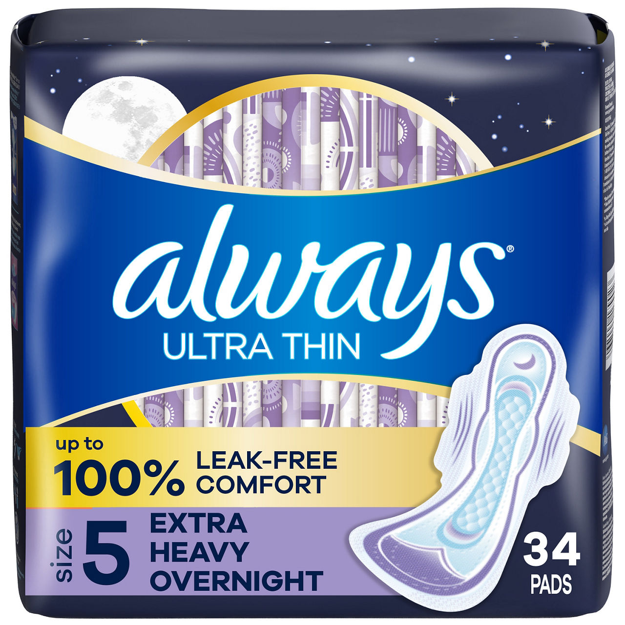 Always Ultra Thin Feminine Pads with Wings for Women, Size 5, Extra Heavy Overnight Absorbency, Unscented, 34 Count