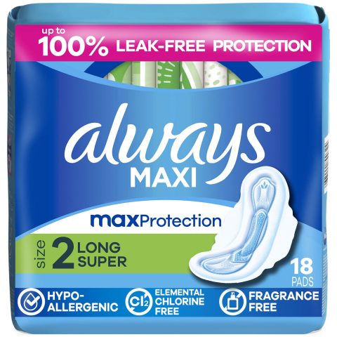 Always Maxi Feminine Pads with Wings for Women, Size 2, Long Super Absorbency, Unscented 18 Count