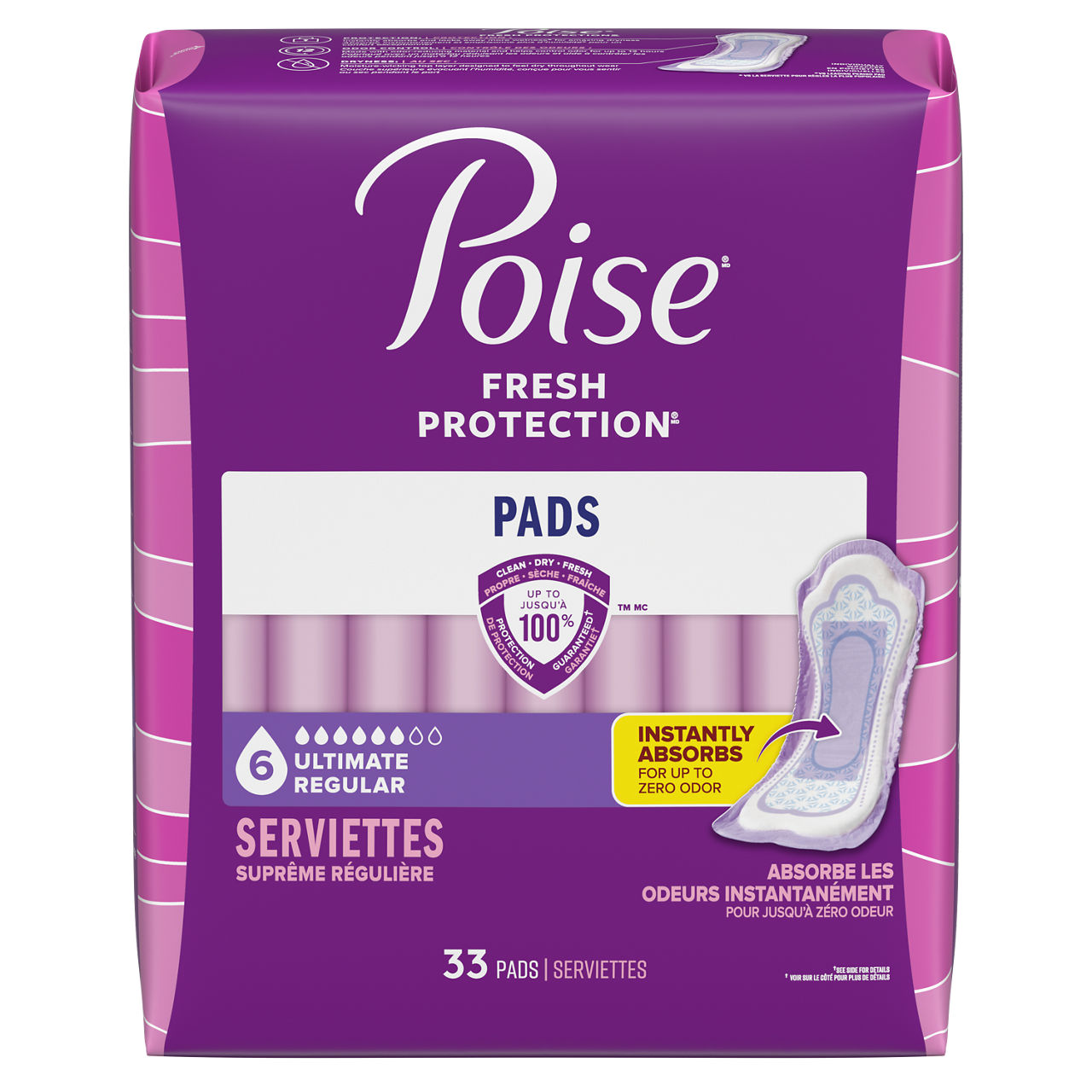 Poise Incontinence Pads for Women, 6 Drop Ultimate Absorbency, Regular, 33 ct