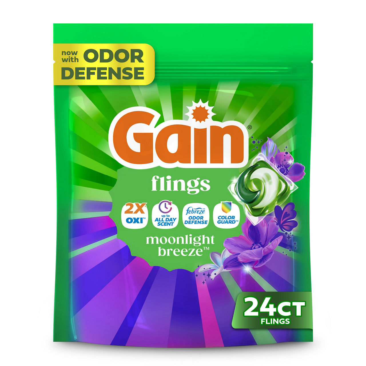 Gain Flings Liquid Washing Detergent pacs with Odor Defense + Color Guard, Moonlight Breeze Scent, 24 Count, 4-In-1 liquid laundry detergent pacs (Oxi, up to all day scent, Febreze Odor Defense and color guard), clean & fresh