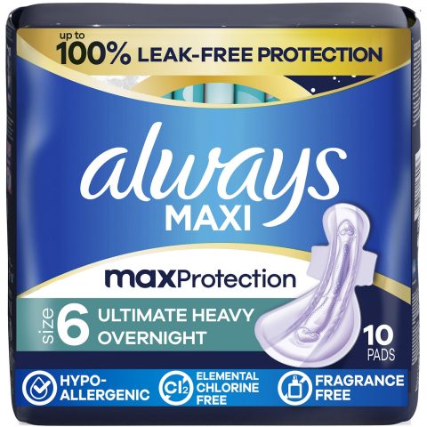 Always Maxi Overnight Pads with Wings for Women, Size 6, Ultimate Heavy Overnight Absorbency, Unscented, 10 Count