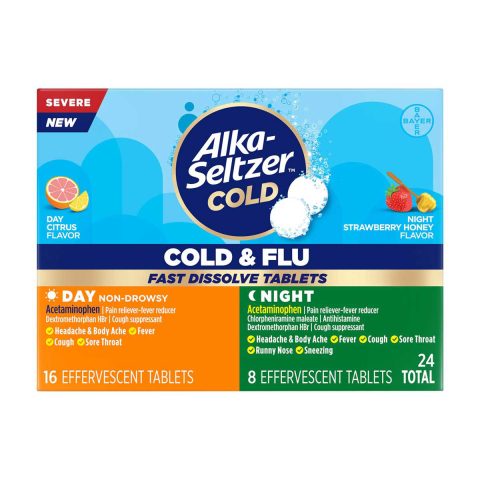 Alka-Seltzer Cold & Flu Day & Night Fast Dissolve Effervescent Tablets, 24 Count