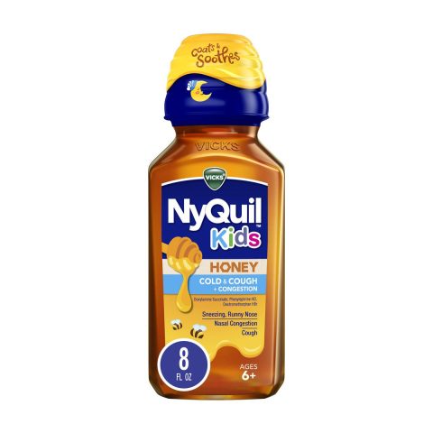 Vicks Kids NyQuil Honey Cold & Cough + Congestion Relief for Nighttime Sneezing, Runny Nose, Nasal Congestion & Cough, Flavored with Real Honey, For Children Ages 6+, 8 fl oz