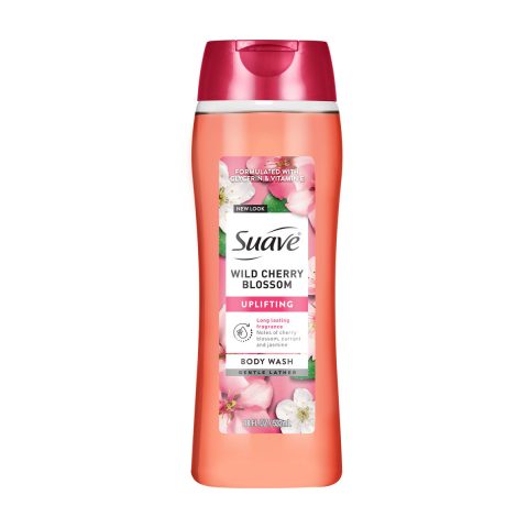 Suave Wild Cherry Blossom Moisturizing Body Wash with Glycerin & Vitamin E, Hydrating Skin Cleanser, Long Lasting Scent, Paraben Free, 18 FL OZ