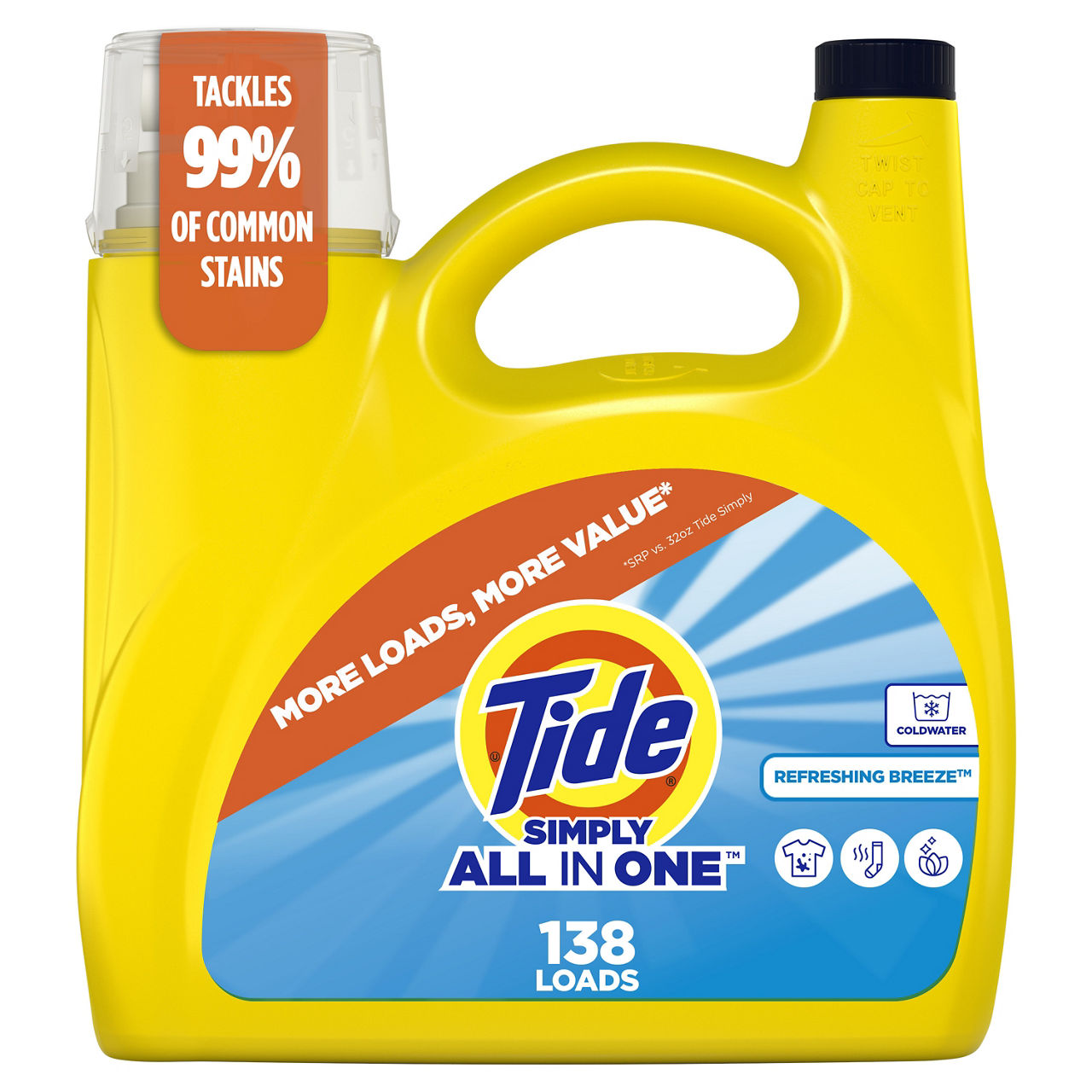 Tide Simply All-In-One Liquid Laundry Detergent, Refreshing Breeze Scent, 138 Loads, 182 fl oz