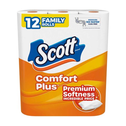 Scott ComfortPlus Toilet Paper, 12 Family Rolls, 173 Sheets per Roll, Septic-Safe, 1-Ply Toilet Tissue