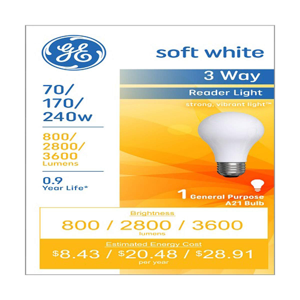 GE Soft White 3Way Reader Light Bulb 70/170/240W A21