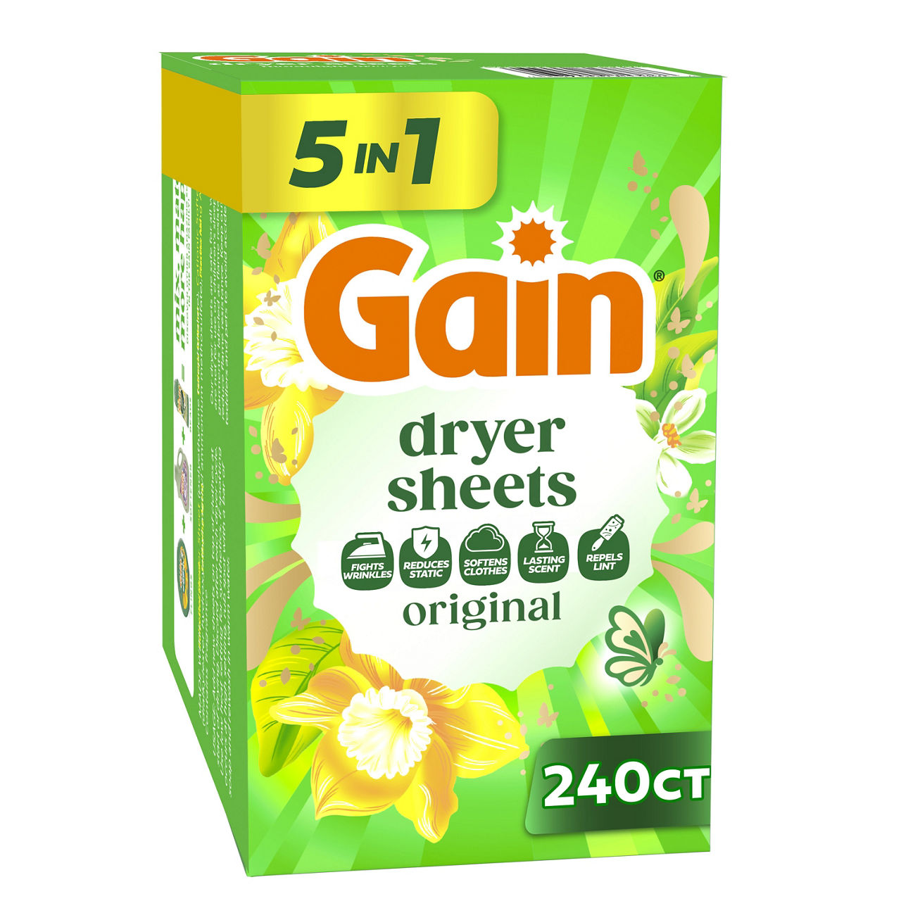 Gain, Laundry Dryer Sheets, Fabric Softener Anti Static Sheets, Original Scent, 240 Count