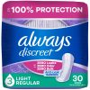 Always Discreet Adult Incontinence Pads for Women, Light Absorbency, Regular Length, Postpartum Pads, 30 CT