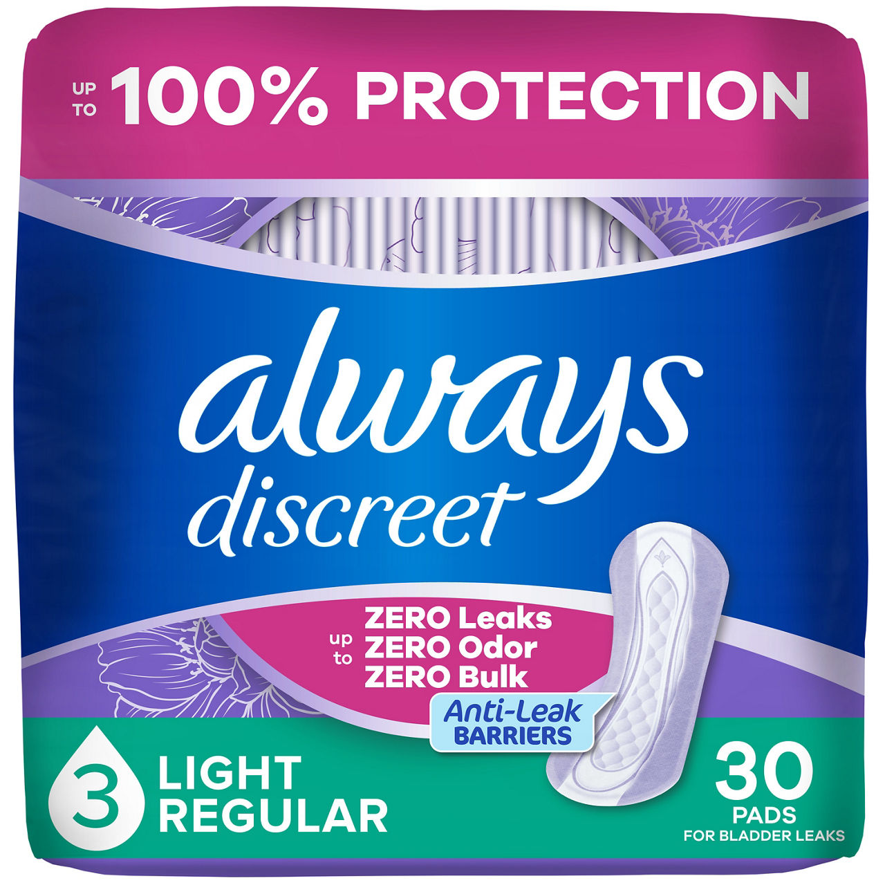 Always Discreet Adult Incontinence Pads for Women, Light Absorbency, Regular Length, Postpartum Pads, 30 CT