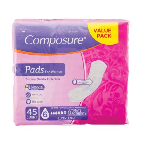Composure Women’s Bladder Control Pads, Ultimate Absorbency Long Length, 45 ct
